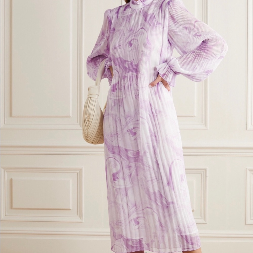 NWT GANNI Pleated Georgette Ruffle-Trimmed Dress